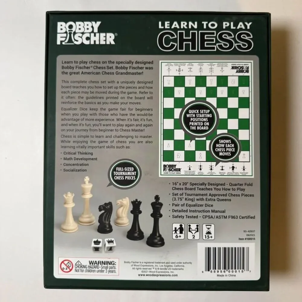 Bobby Fischer Learn to Play Chess Set - Complete Beginner Game with Dice